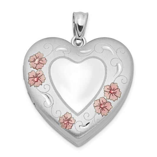 Sterling Silver Rhodium-plated 24mm Enameled Floral Border Heart Locket Pendant