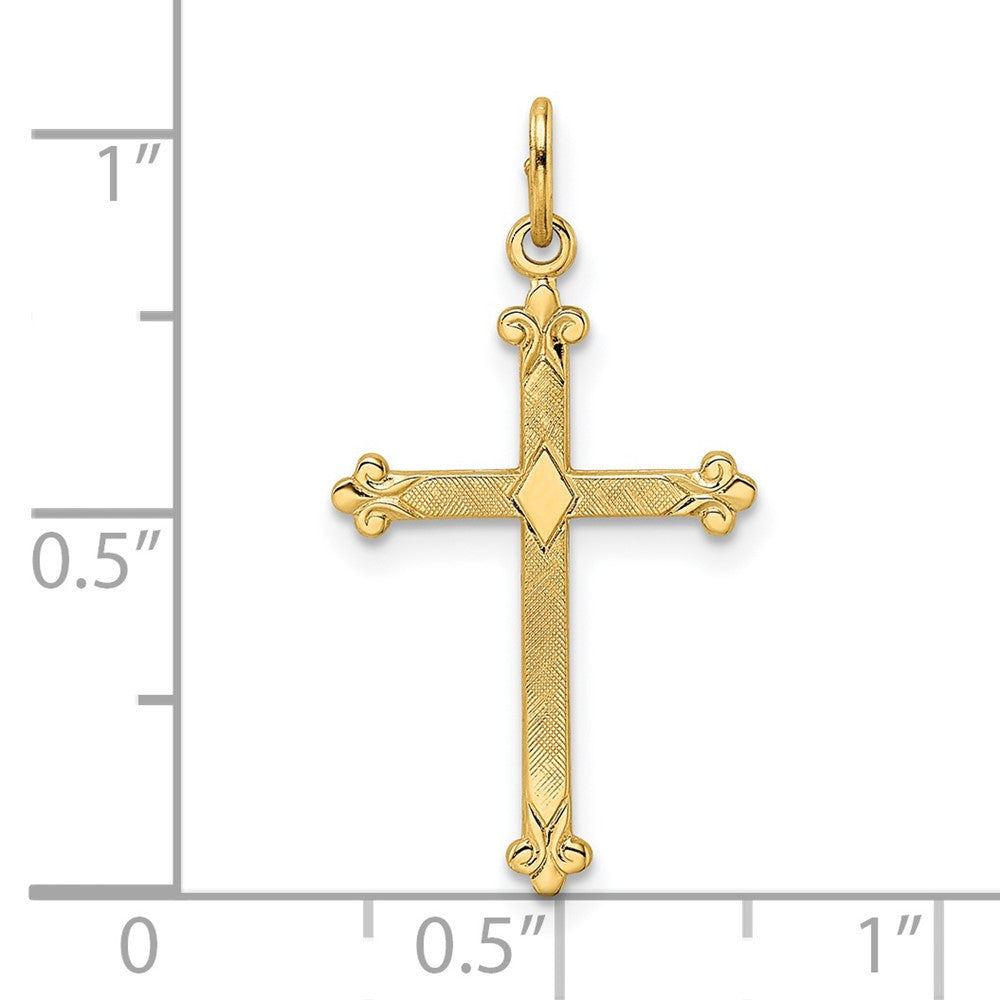 14k Yellow Gold Polished and Textured Solid Diamond Shape Cross Pendant