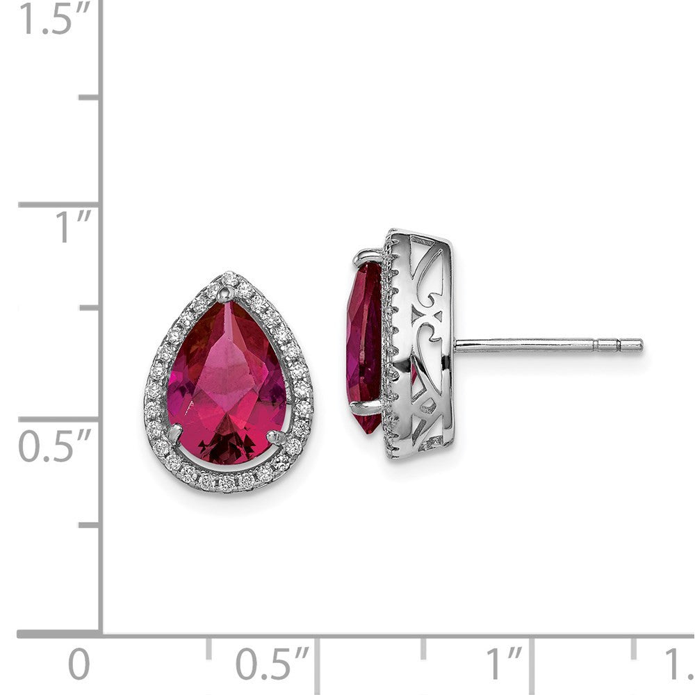 Sterling Silver Rhodium Polished Clear CZ and Lab Created Ruby  Stud Earrings