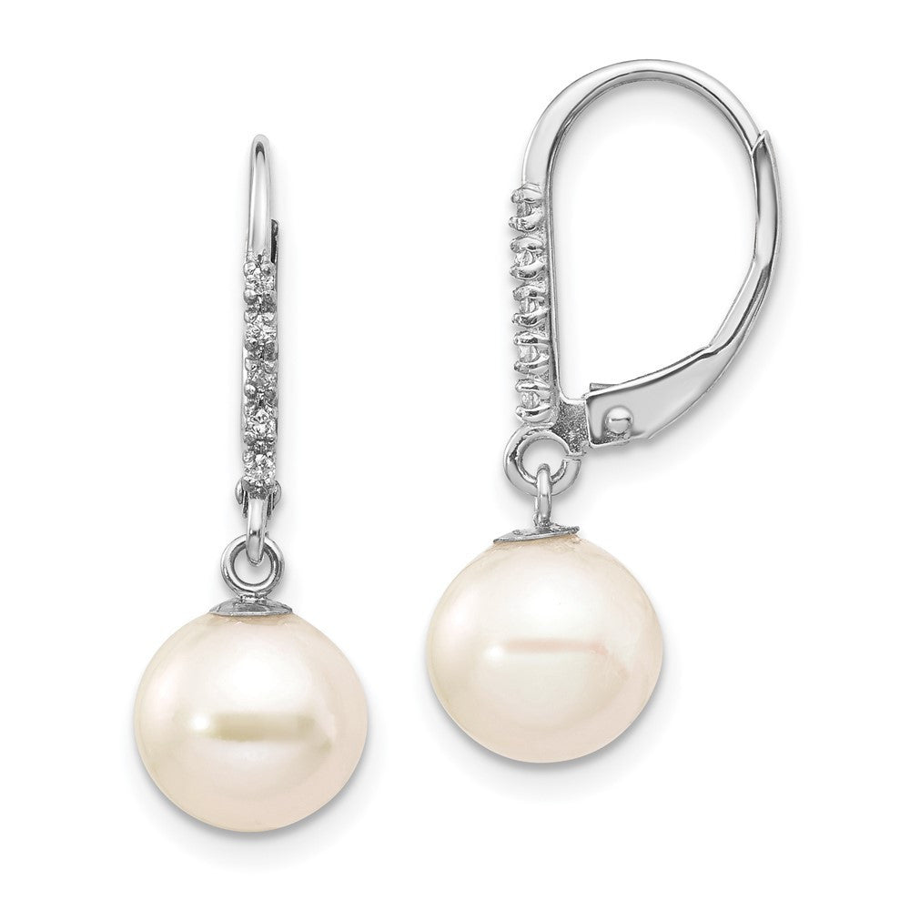 14k Gold 8-9mm Freshwater Cultured Pearl and Diamond Dangle Earrings