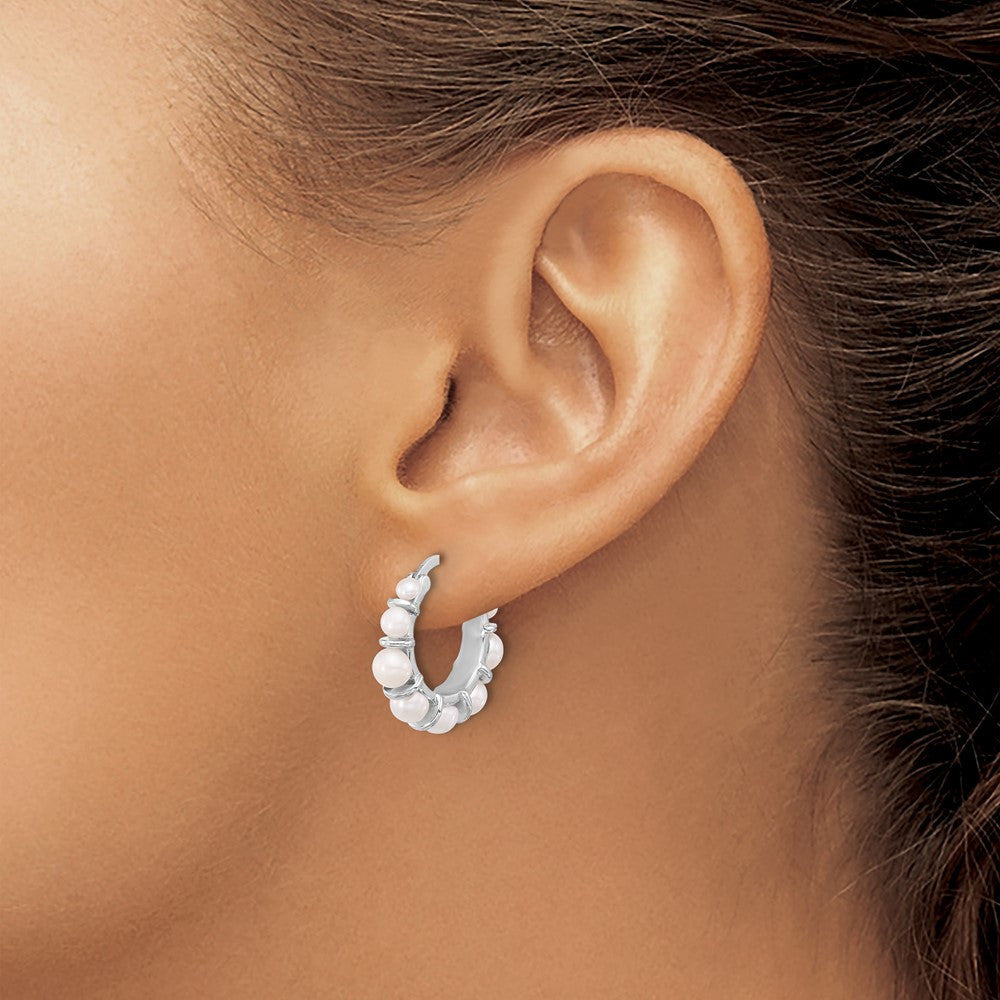 Sterling Silver Rhodium-plated Button Freshwater Cultured Pearl Hoop Earrings