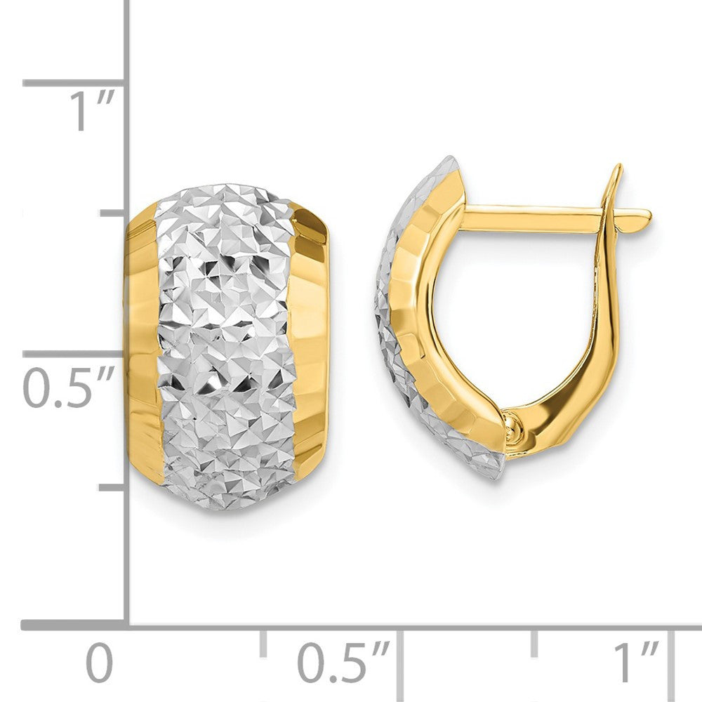 14k Yellow Gold w/ White Rhodium Diamond-cut Hinged Hoop Earrings