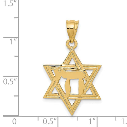 14k Yellow Gold Solid Polish Chai in Star of David Charm Pendant