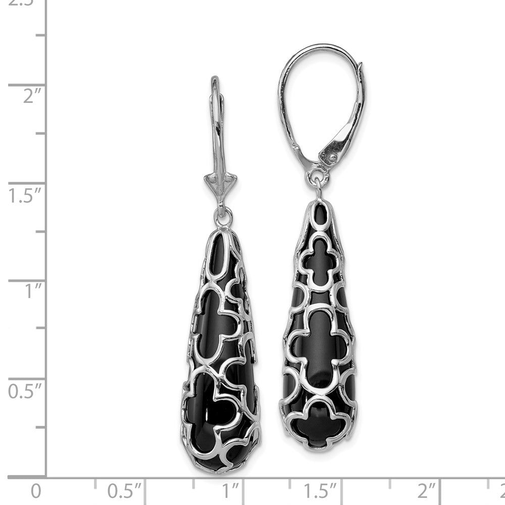 Sterling Silver RH-pltd Polished Onyx Tear Leverback Dangle Earrings