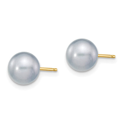 14k Yellow Gold 7-8mm Grey Round Freshwater Cultured Pearl Stud Earrings