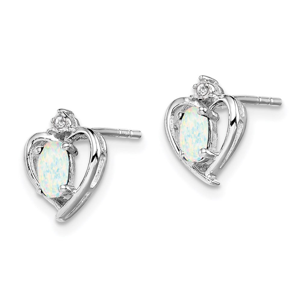 Sterling Silver Rhodium-plated Created Opal & Diam. Button Stud Earrings