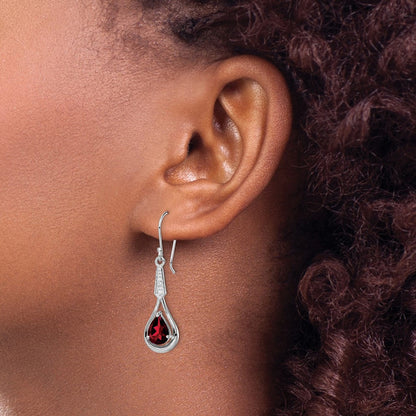 Sterling Silver Rhodium-plated CZ and Garnet Shepherd Hook Dangle Earrings