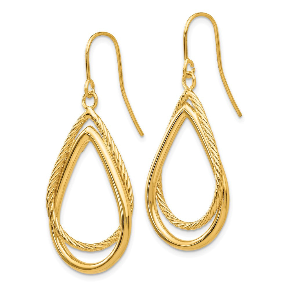 14k Yellow Gold Polished and Textured Tear Shepherd Hook Dangle Earrings