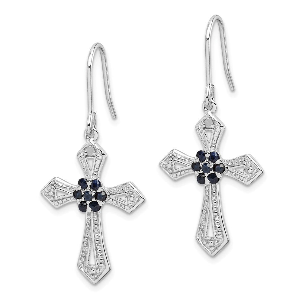 Sterling Silver Polished Beaded Diamond Accent & Black CZ Cross Dangle Earrings