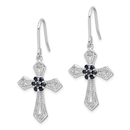 Sterling Silver Polished Beaded Diamond Accent & Black CZ Cross Dangle Earrings
