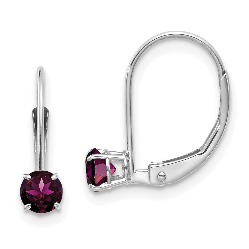 14K White Gold 4mm Round June/Rhodolite Leverback Dangle Earrings