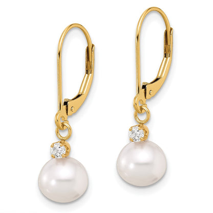 14k Yellow Gold 7-8mm Freshwater Cultured Pearl & Diamond Dangle Earrings