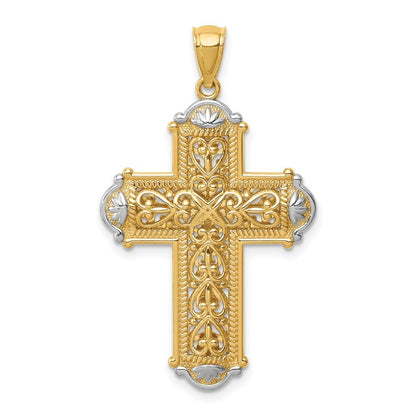 14k Yellow Gold White Rhodium Diamond-Cut Reversible Cross Pendant