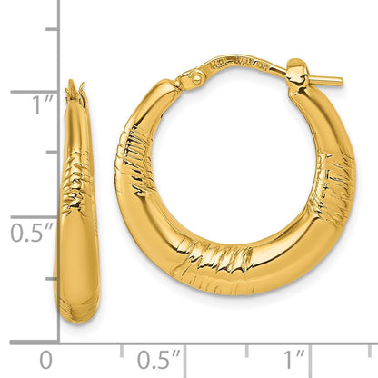 14k Yellow Gold Polished and Grooved Round Hoop earrings