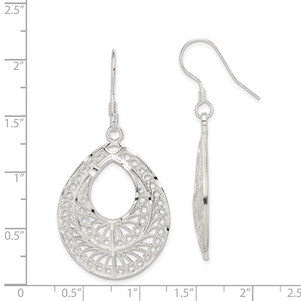 Sterling Silver Polished Textured D/C Filigree Tear Dangle Earrings