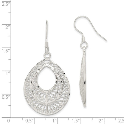 Sterling Silver Polished Textured D/C Filigree Tear Dangle Earrings