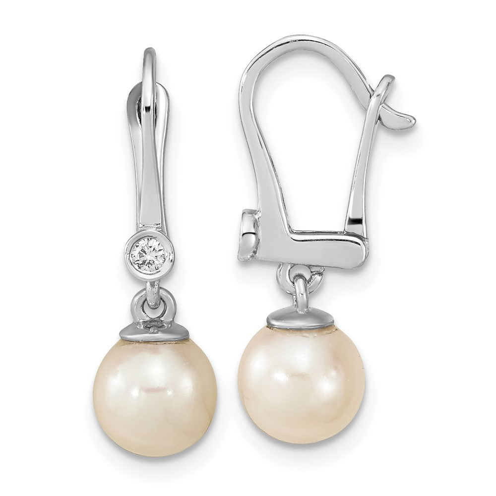 14k Gold 7-8mm Akoya Saltwater Cultured Pearl & Diamond Dangle Earrings