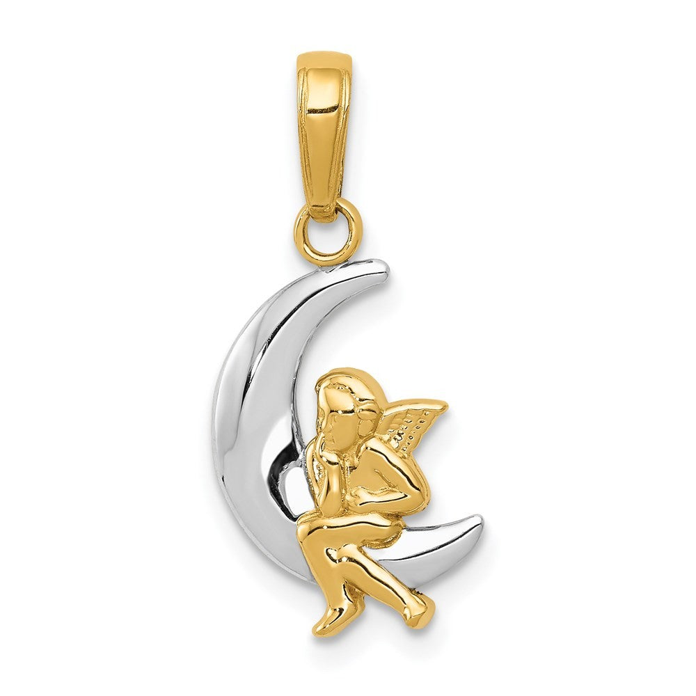 14k Yellow Gold and Rhodium Polished Moon Angel Pendant
