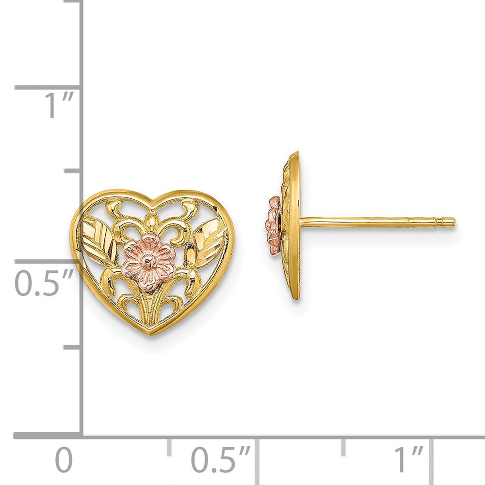 14k Two-tone Gold Polished Floral in Heart Stud Earrings