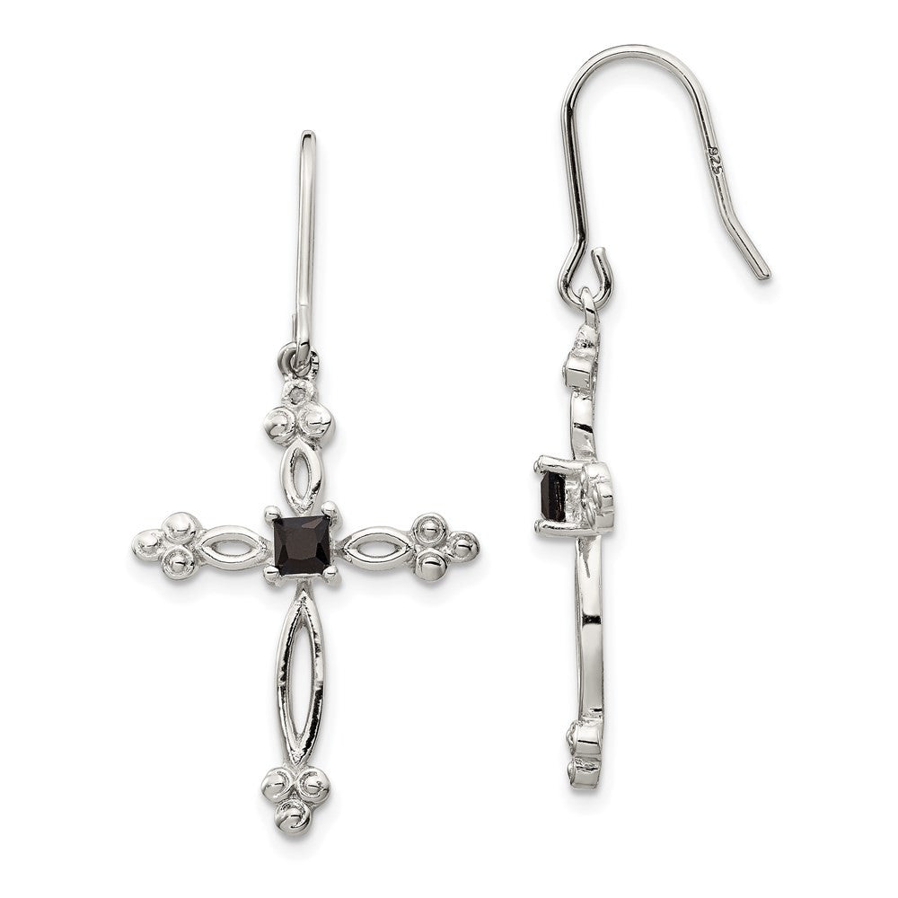Sterling Silver Polished Diamond Accent & Black CZ Budded Cross Dangle Earrings