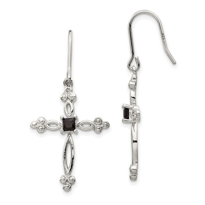 Sterling Silver Polished Diamond Accent & Black CZ Budded Cross Dangle Earrings