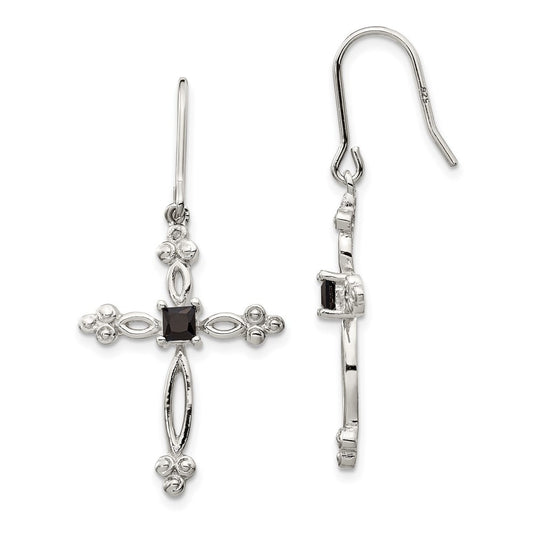 Sterling Silver Polished Diamond Accent & Black CZ Budded Cross Dangle Earrings