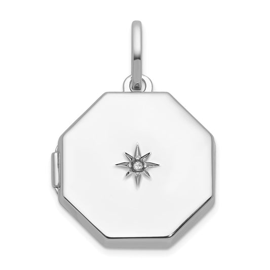 Sterling Silver RH-plated Diamond with Star 18mm Octagon Shaped Locket Pendant
