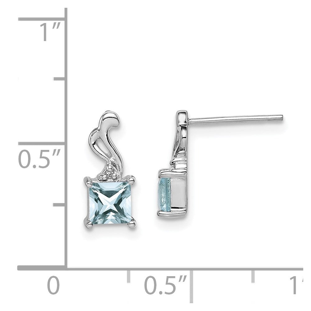 Sterling Silver Rhodium Plated Dia. Aquamarine Square Dangle Earrings