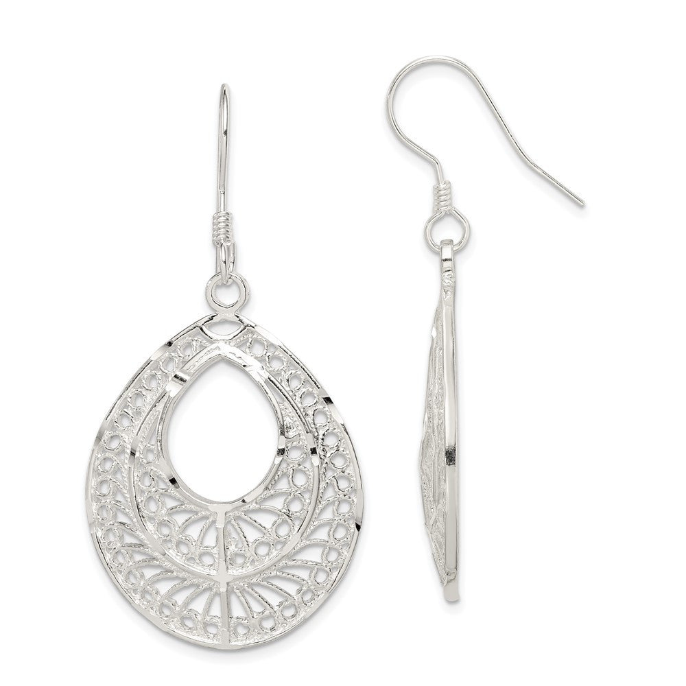 Sterling Silver Polished Textured D/C Filigree Tear Dangle Earrings