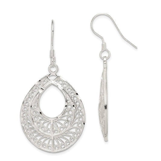 Sterling Silver Polished Textured D/C Filigree Tear Dangle Earrings