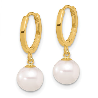 14k Yellow Gold 7-8mm White Round Freshwater Cultured Pearl Dangle Hoop Earrings
