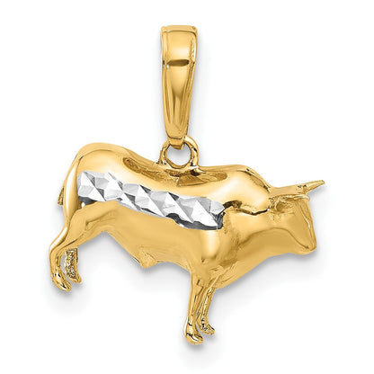 14k Yellow Gold and White Rhodium Diamond-Cut 3D Bull Pendant
