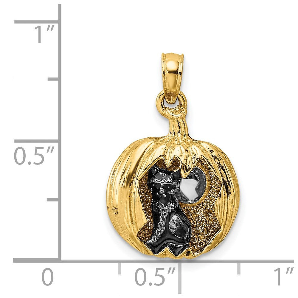 14k Yellow Gold 3-D Jack-o-Lantern Enameled Black Cat & Moon Charm Pendant