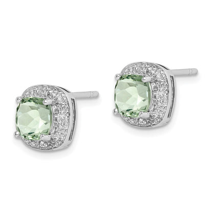 Sterling Silver Rhodium Plated Green Quartz and Diamond Button Stud Earrings