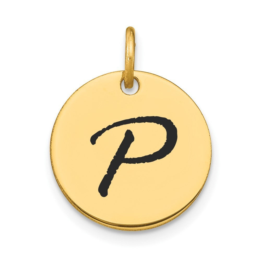 14k Yellow Gold Polished Black Enamel Letter P Initial Disk Charm Pendant