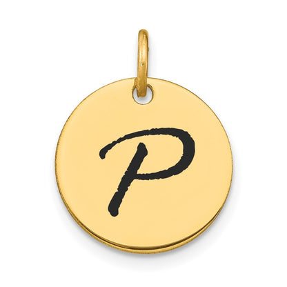 14k Yellow Gold Polished Black Enamel Letter P Initial Disk Charm Pendant
