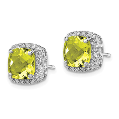 Sterling Silver Rhodium-plated Lemon Quartz and Diamond Button Stud Earrings
