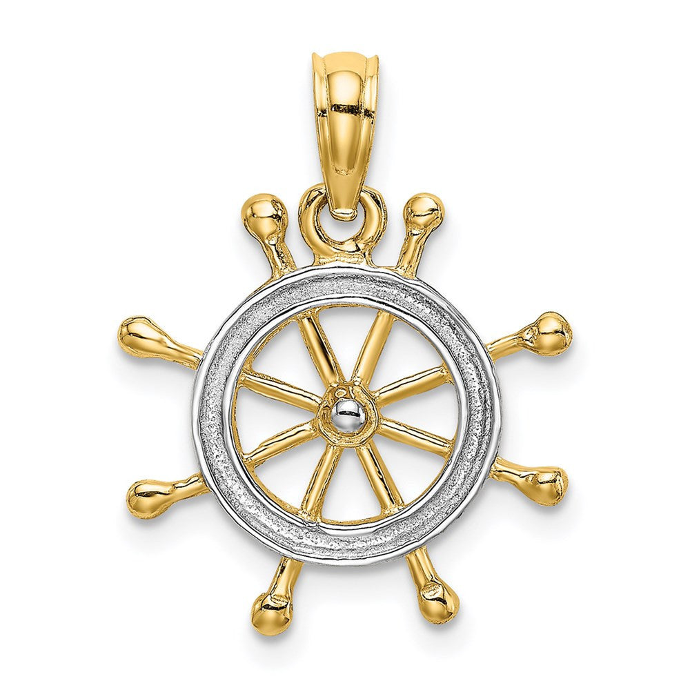 14k Yellow Gold Rhodium 2-D Ship Wheel Charm Pendant