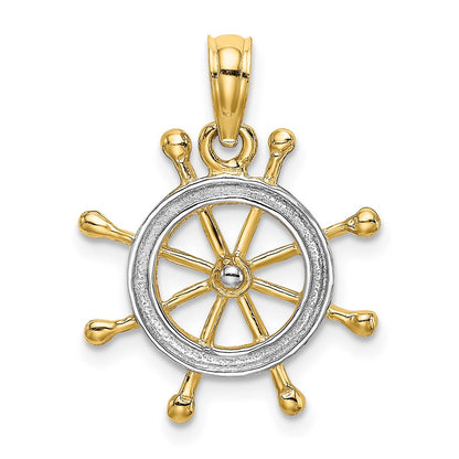 14k Yellow Gold Rhodium 2-D Ship Wheel Charm Pendant