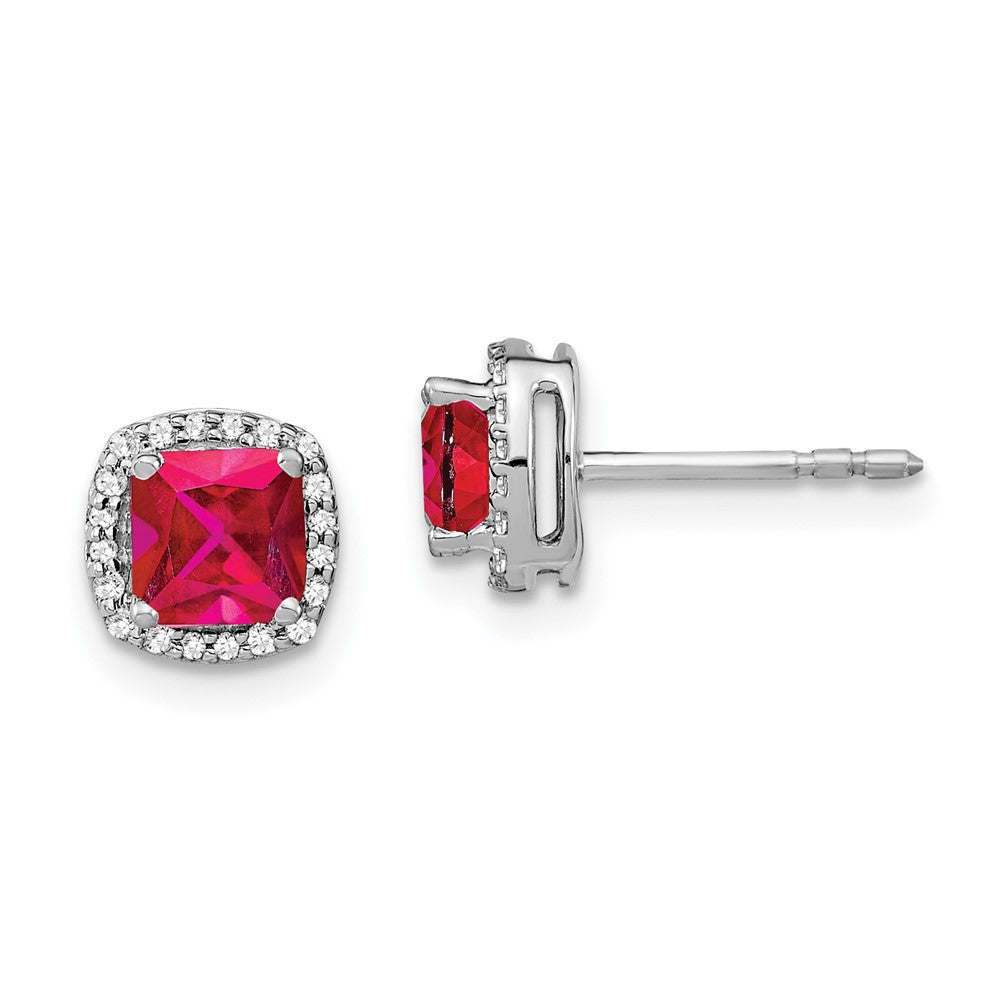 14k White Gold Cushion Ruby and Diamond Halo Stud Earrings
