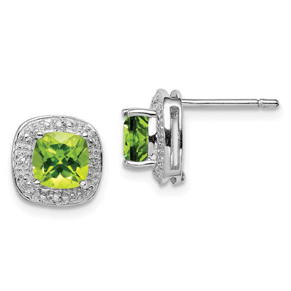 Sterling Silver Rhodium Plated Peridot and Diamond Button Stud Earrings