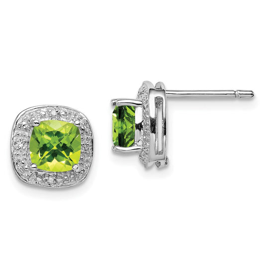 Sterling Silver Rhodium Plated Peridot and Diamond Button Stud Earrings