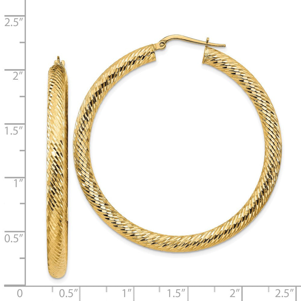 14k Yellow Gold 4x50mm Diamond-cut Round Hoop Earrings