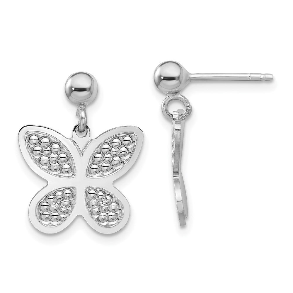 Sterling Silver Rhodium Plated Polished Beaded Butterfly Dangle Earrings