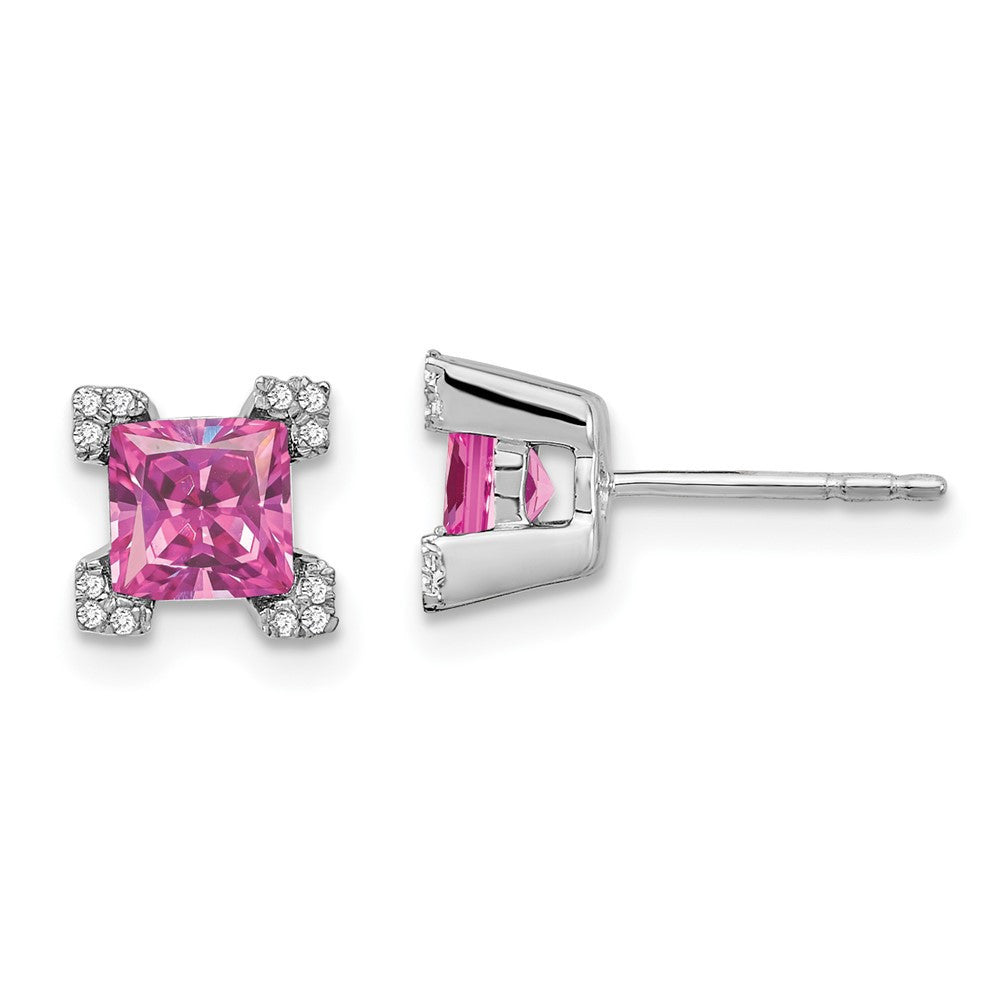 14k White Gold Square Created Pink Sapphire and Diamond Stud Earrings