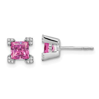 14k White Gold Square Created Pink Sapphire and Diamond Stud Earrings