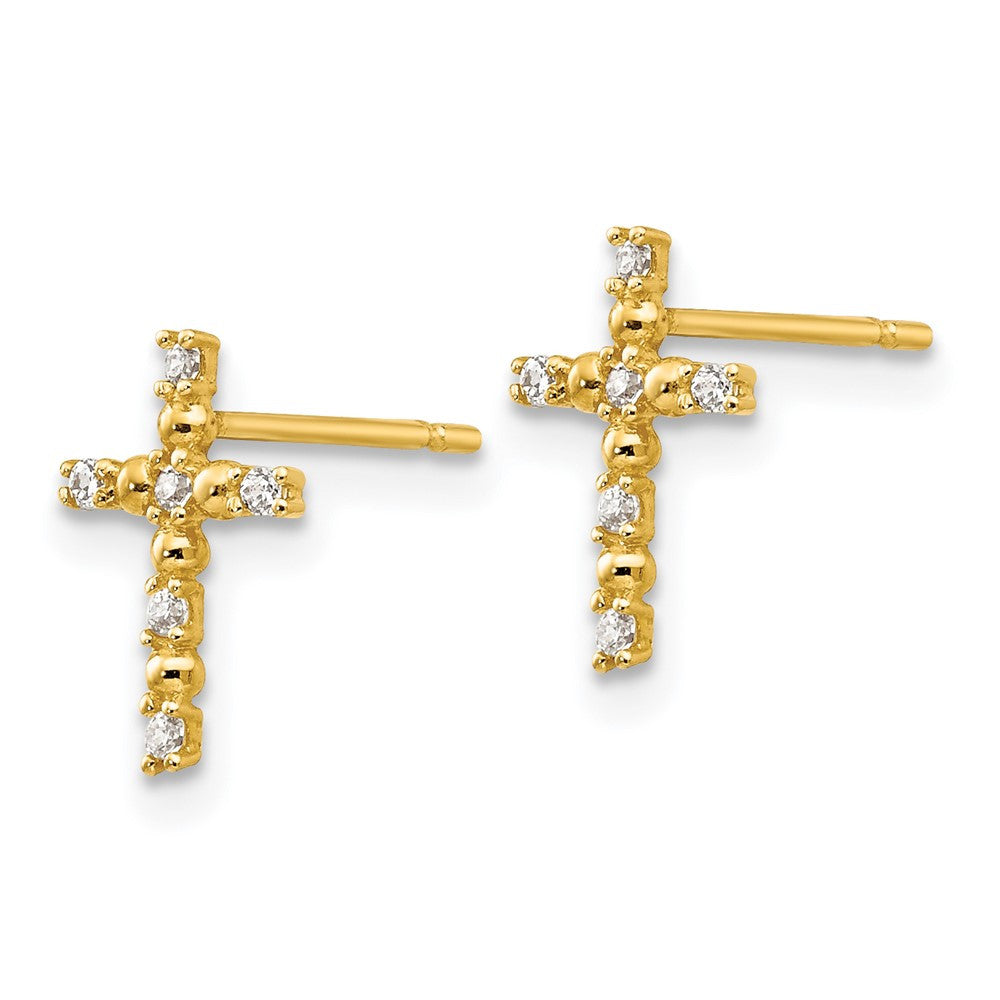 14k Yellow Gold CZ Children's Cross Button Stud Earrings