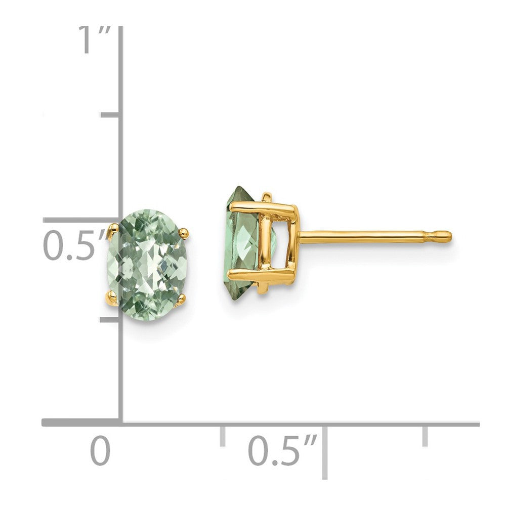 14k Yellow Gold 7x5 Oval Checker-Cut Green Quartz Stud Earrings