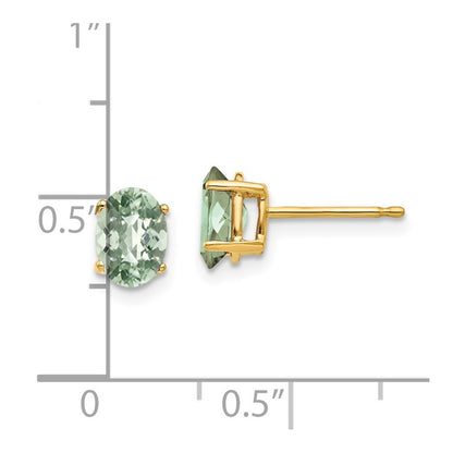 14k Yellow Gold 7x5 Oval Checker-Cut Green Quartz Stud Earrings