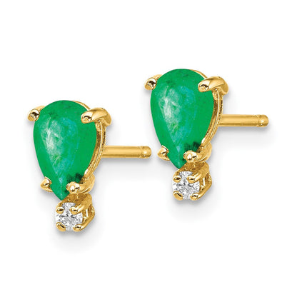14k Yellow Gold 6x4 Pear Emerald and Diamond Button Stud Earrings